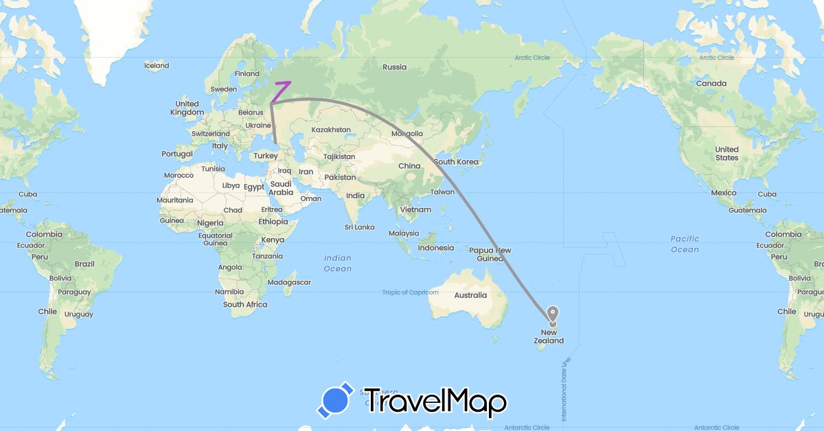 TravelMap itinerary: plane, train in New Zealand, Russia (Europe, Oceania)
